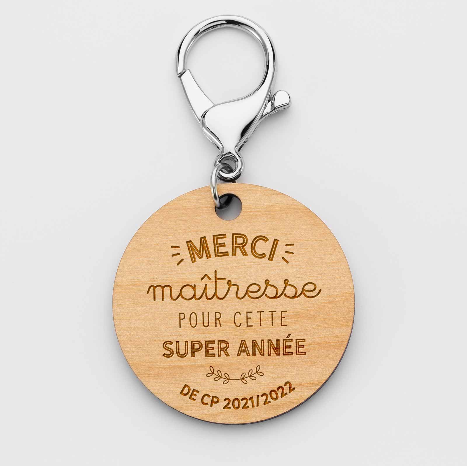 Porte clé personnalisé gravée bois médaille ronde 50mm - Merci Maîtresse - 2017-2018