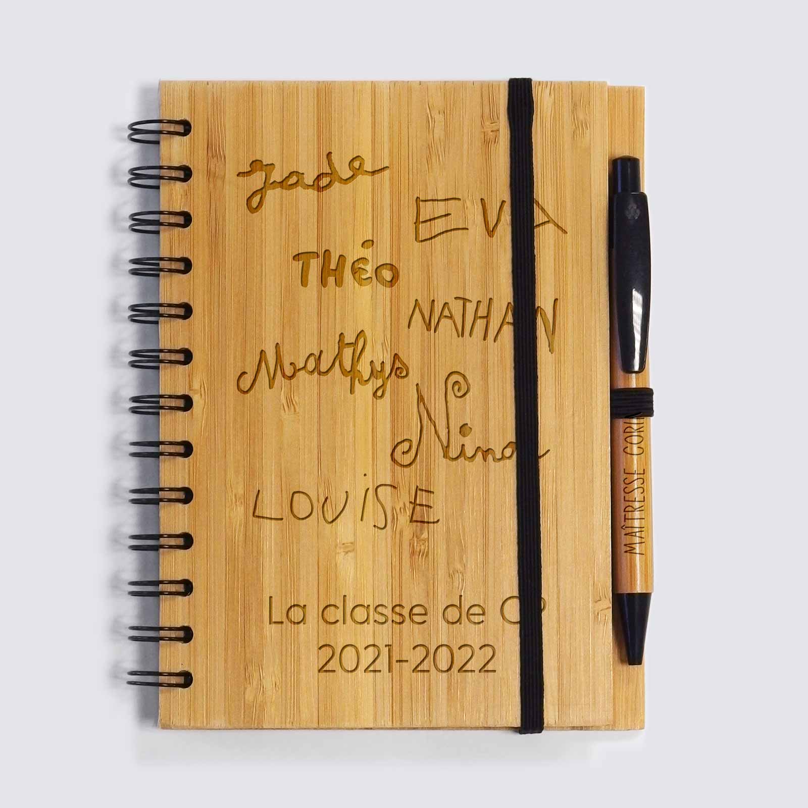 Personalised bamboo notebook and engraved pen - text