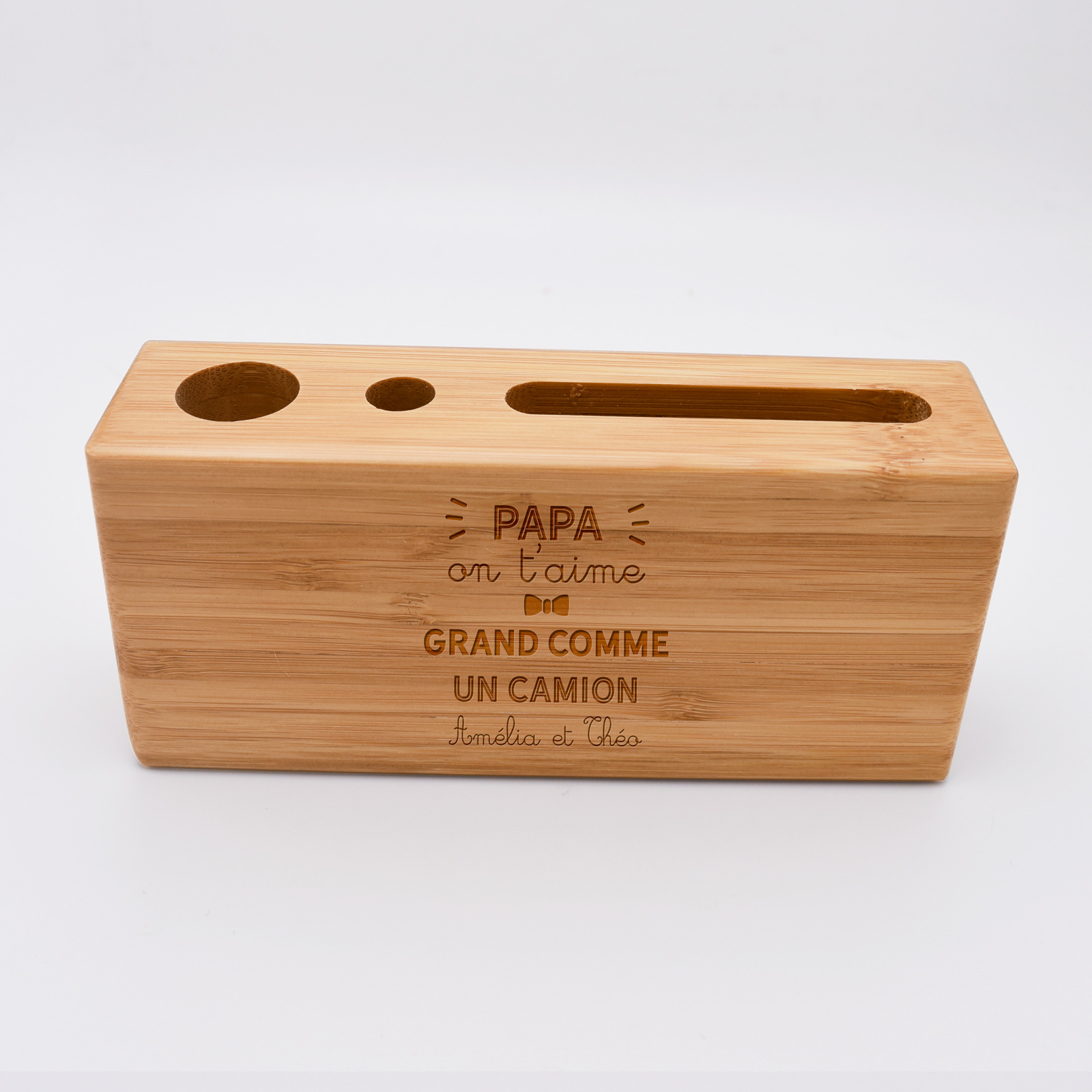 Personalized desk organizer 14,6x6,5 cm wood engraved - special edition " Papa on t'aime"