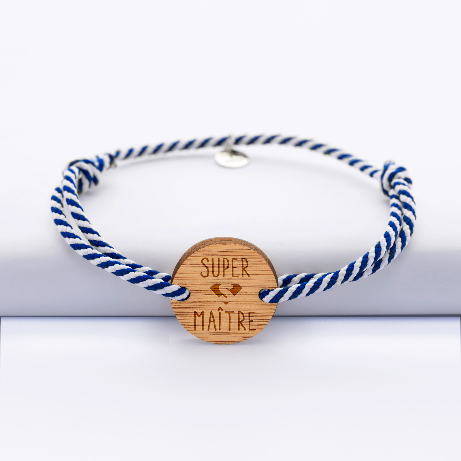 Personalised men's bracelet braided cord medallion engraved wood round 2 holes 21 mm - special edition "Super Maitre"
