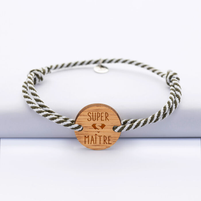 Bracelet homme personnalisé cordon marin tressé médaille gravée bois ronde 2 trous 21 mm - Edition spéciale "Super Maitre" 3
