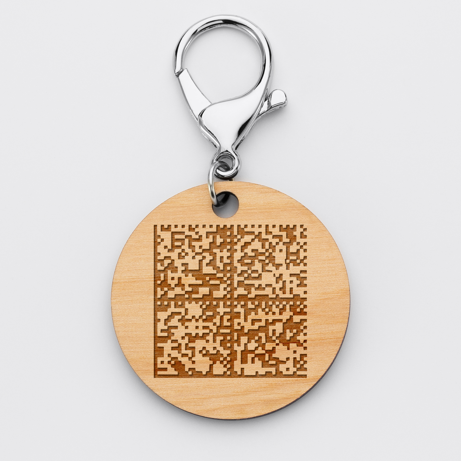 Porte-clés personnalisé gravé bois médaille ronde 50 mm - QR Code 1