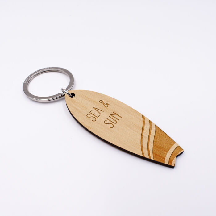 Porte-clés personnalisé médaille gravée bois Planche de Surf -4