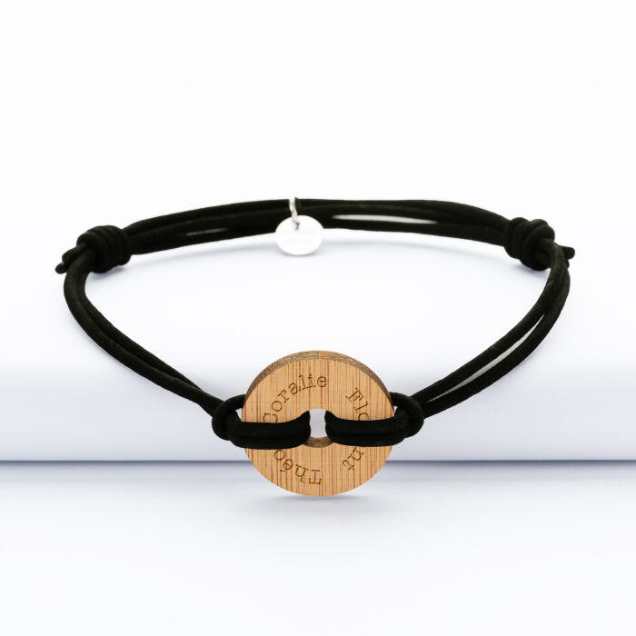 Bracelet homme personnalisé cordon cuir médaille gravée cible argent 20 mm - texte bois
