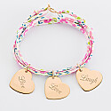 Personalised Liberty bracelet with 3 gold plated engraved heart medallions 19x21mm - text