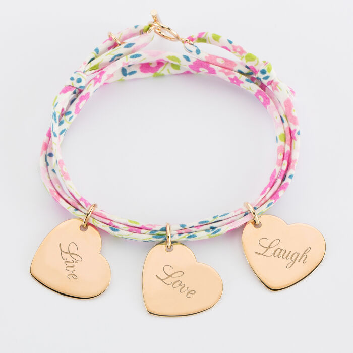 Personalised Liberty bracelet with 3 gold plated engraved heart medallions 19x21mm - text
