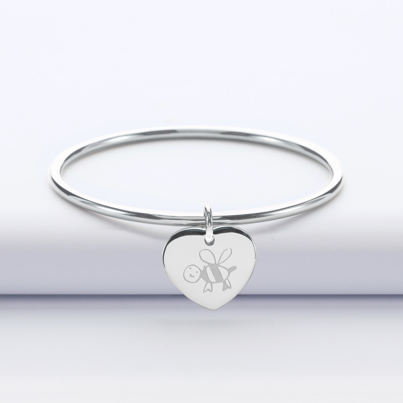 Bangle with personalised engraved steel heart medallion 20x20mm - text