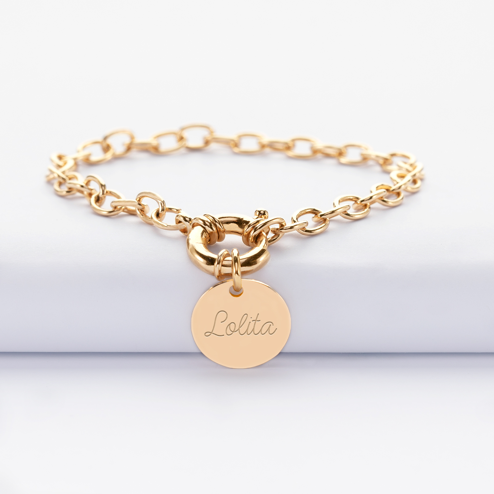 Customised bracelet chain clasp with engraved gold-plated medal 15 mm