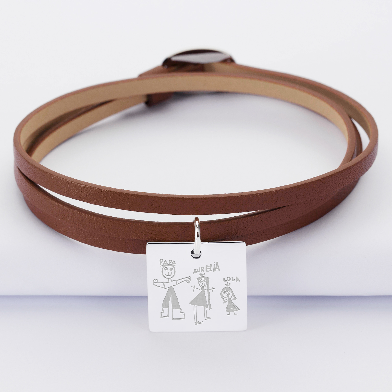 3 turn leather bracelet with personalised engraved square silver sleeper medallion 18x18mm - sketch