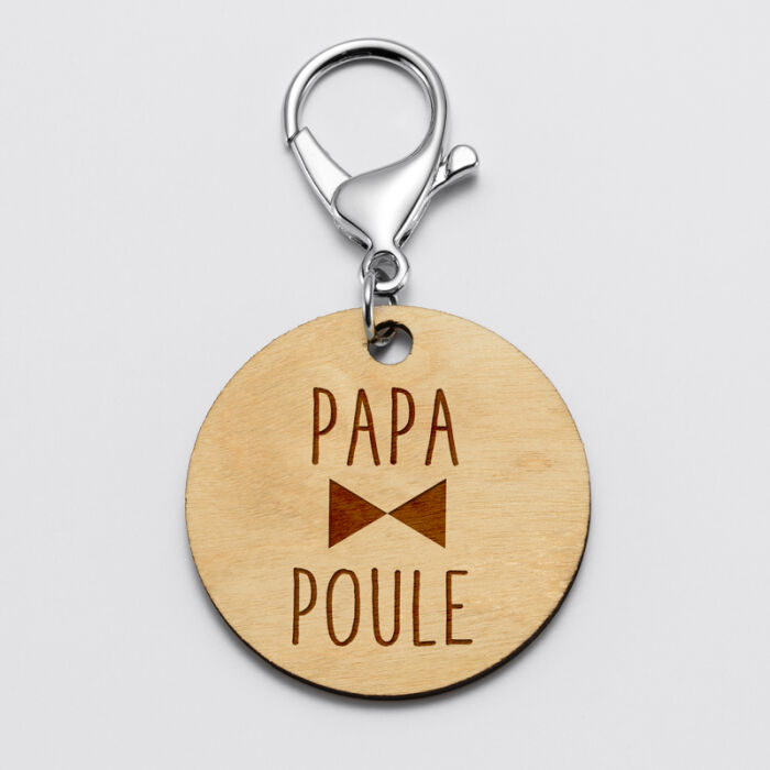 Porte-clés gravé bois médaille ronde 50 mm - Edition spéciale "Papa Poule"