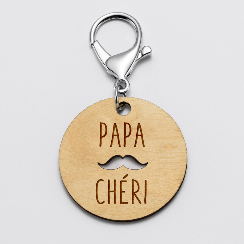 Porte-clés gravé bois médaille ronde 50 mm - Edition spéciale "Papa Chéri"