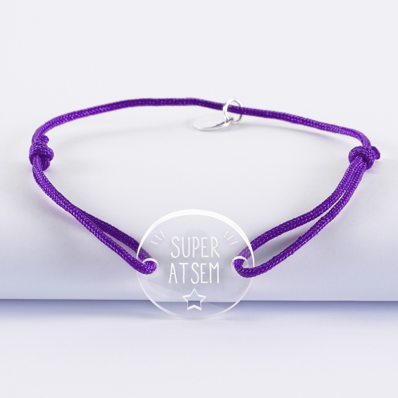 Bracelet médaille gravée acrylique ronde 21 mm - Edition spéciale "Super ATSEM" violet
