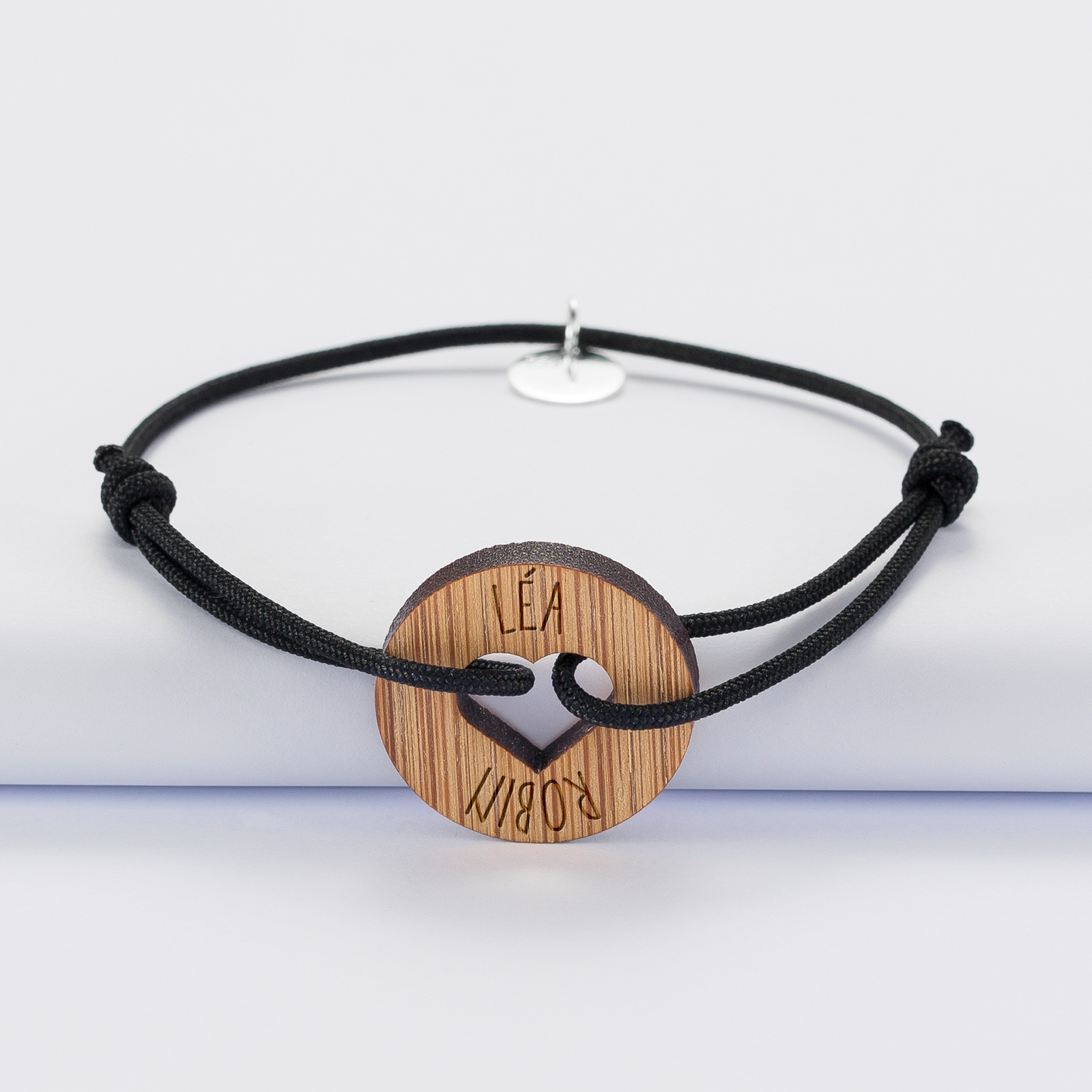 Bracelet personnalisé médaille gravée bois cible coeur 21 mm - prénom