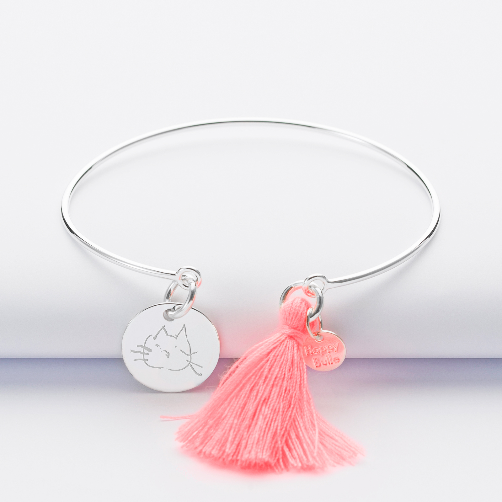 Personalised silver tassel bangle and 15mm medallion sketch 