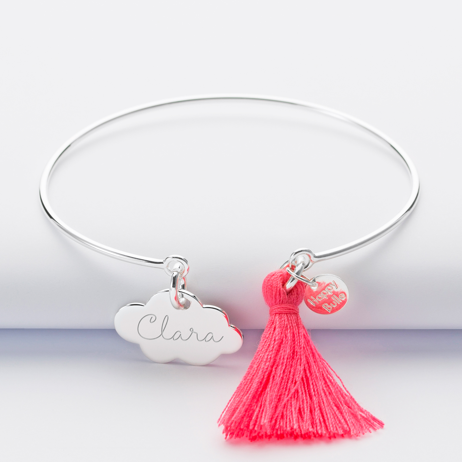 Personalised silver and tassel bangle bracelet and engraved cloud medallion 20x14mm - name 1