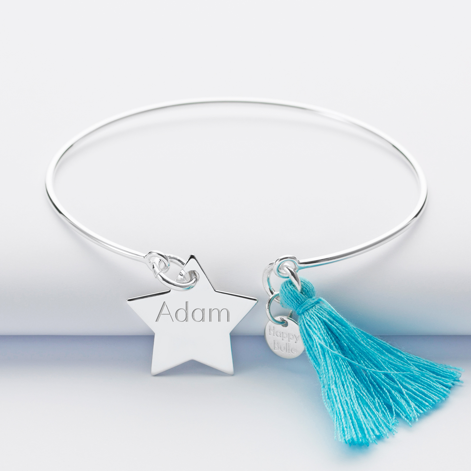 Personalised silver and tassel bangle bracelet and engraved star medallion 20x20 mm - name 1
