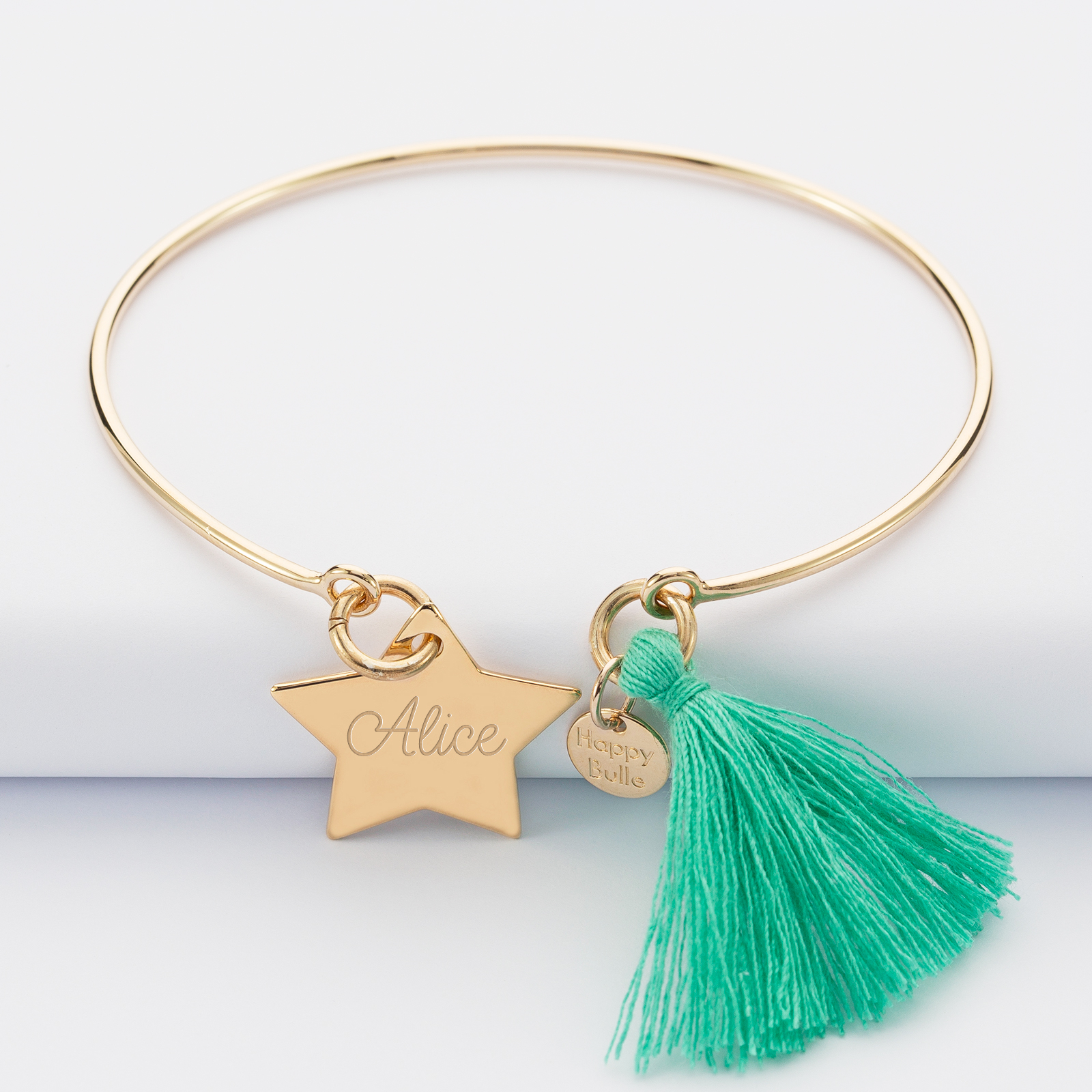 Personalised gold plated bangle with tassel and engraved star medallion 20x20mm name 1
