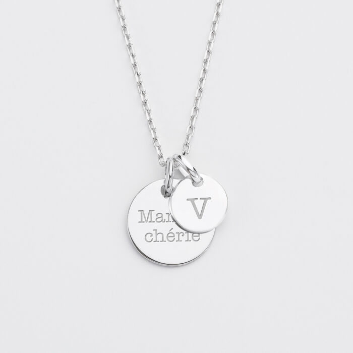 Personalised engraved silver medallion pendant 15mm and round charm 10mm text