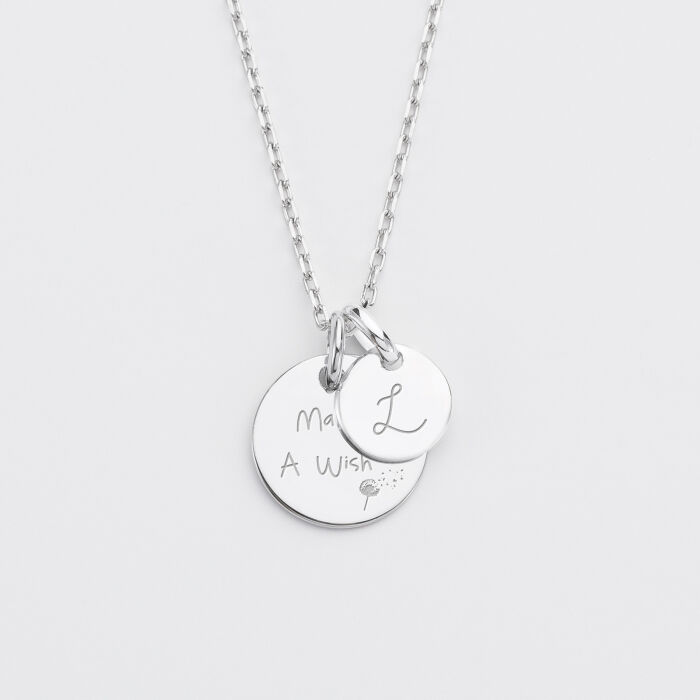 Personalised engraved silver medallion pendant 15mm and round charm 10mm writing