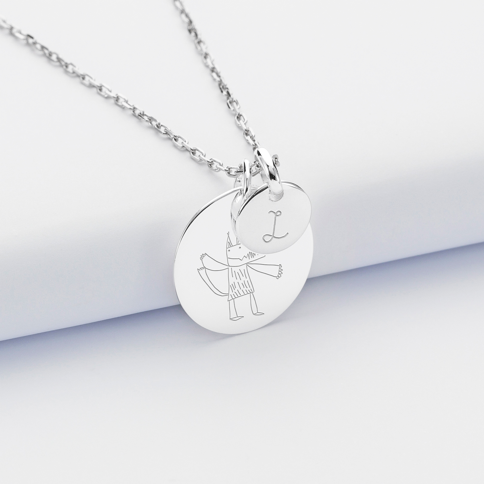 Personalised engraved silver medallion pendant 19mm and round charm 10mm sketch