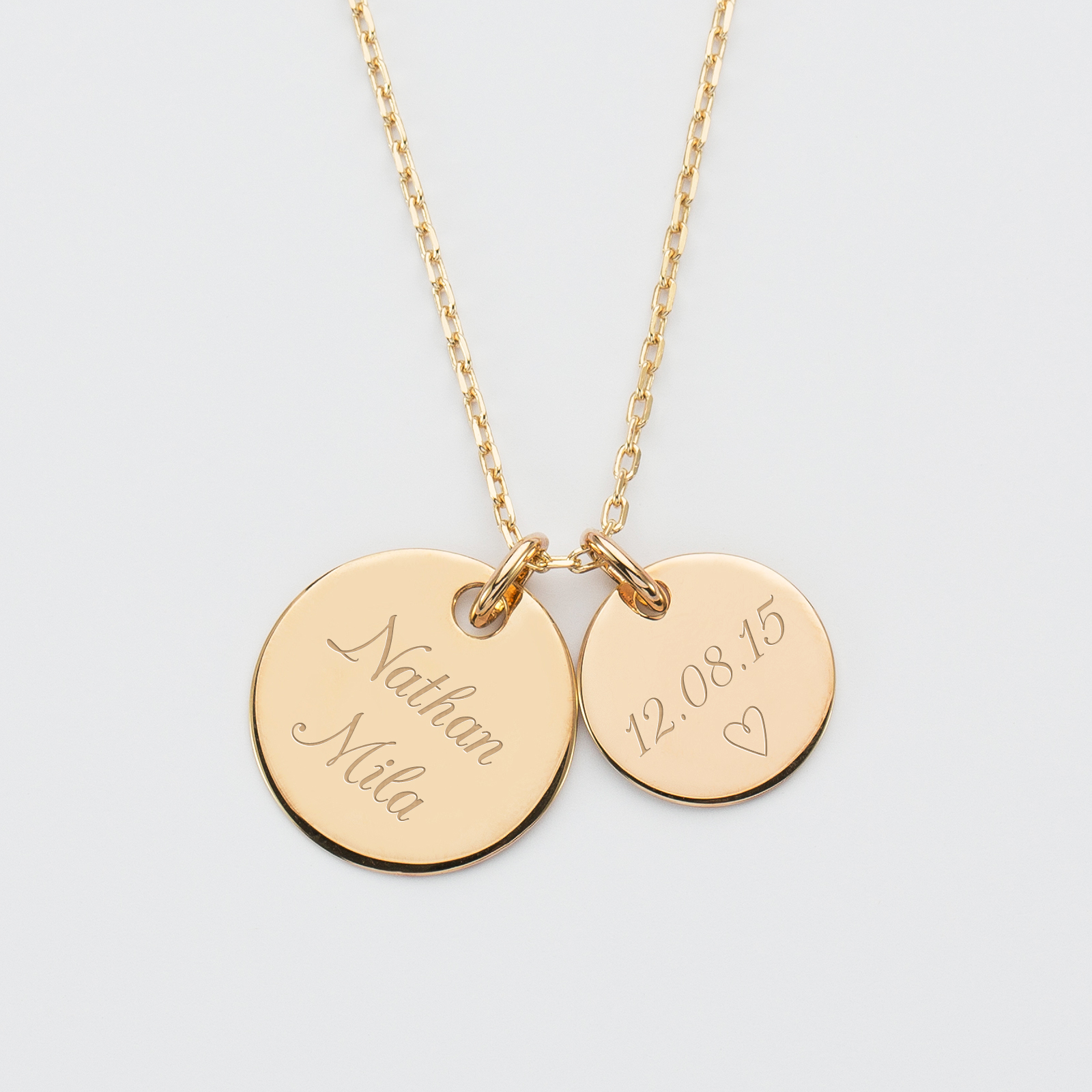 Personalised pendant with 2 engraved goldplated medallions, 19mm and 15mm