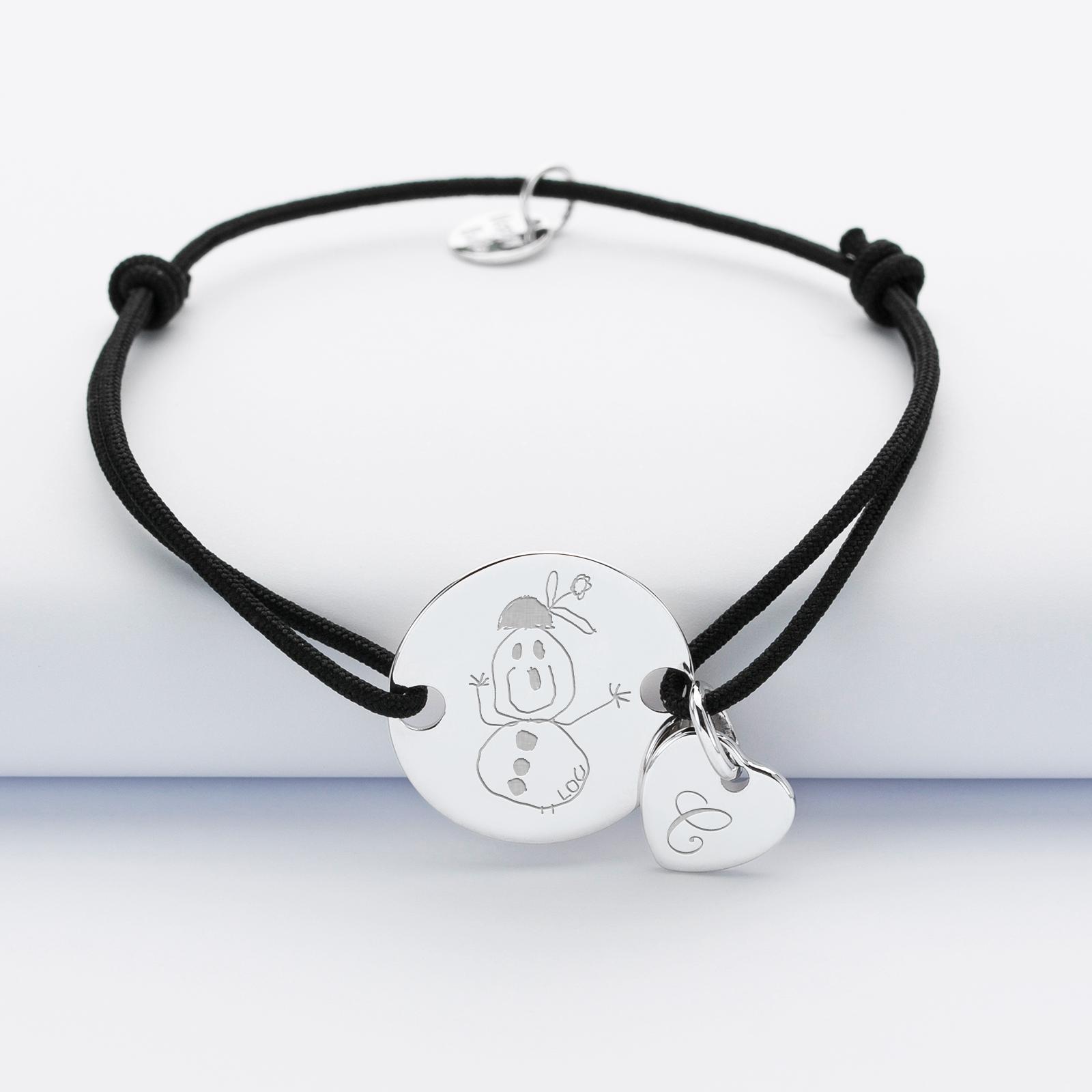 Personalised engraved silver 2-hole target medallion bracelet 20mm and heart charm 10mm sketch