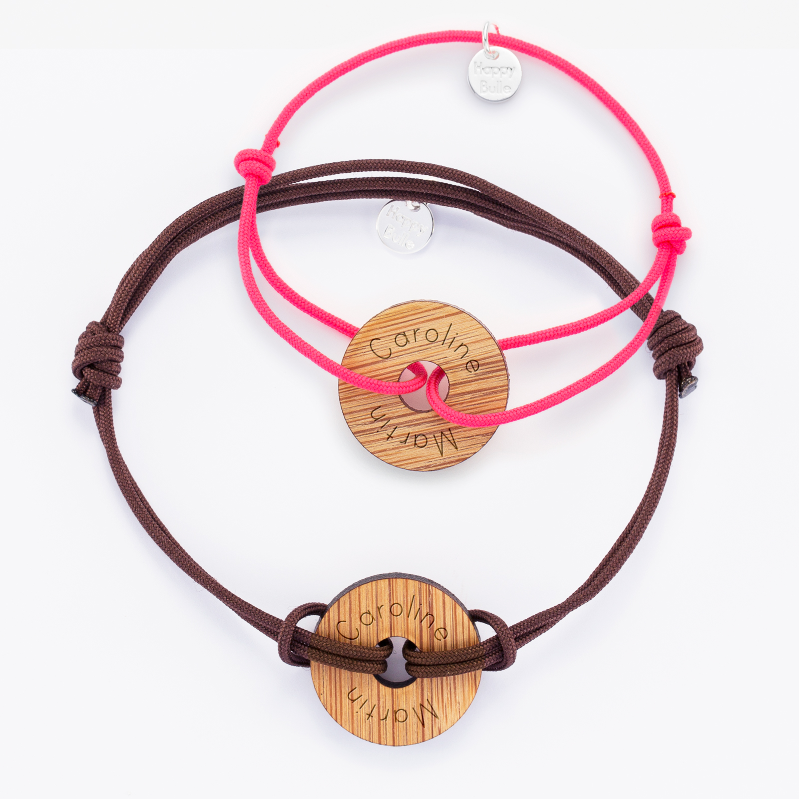 Pair of personalised bracelets with engraved target wooden medallions 21mm name