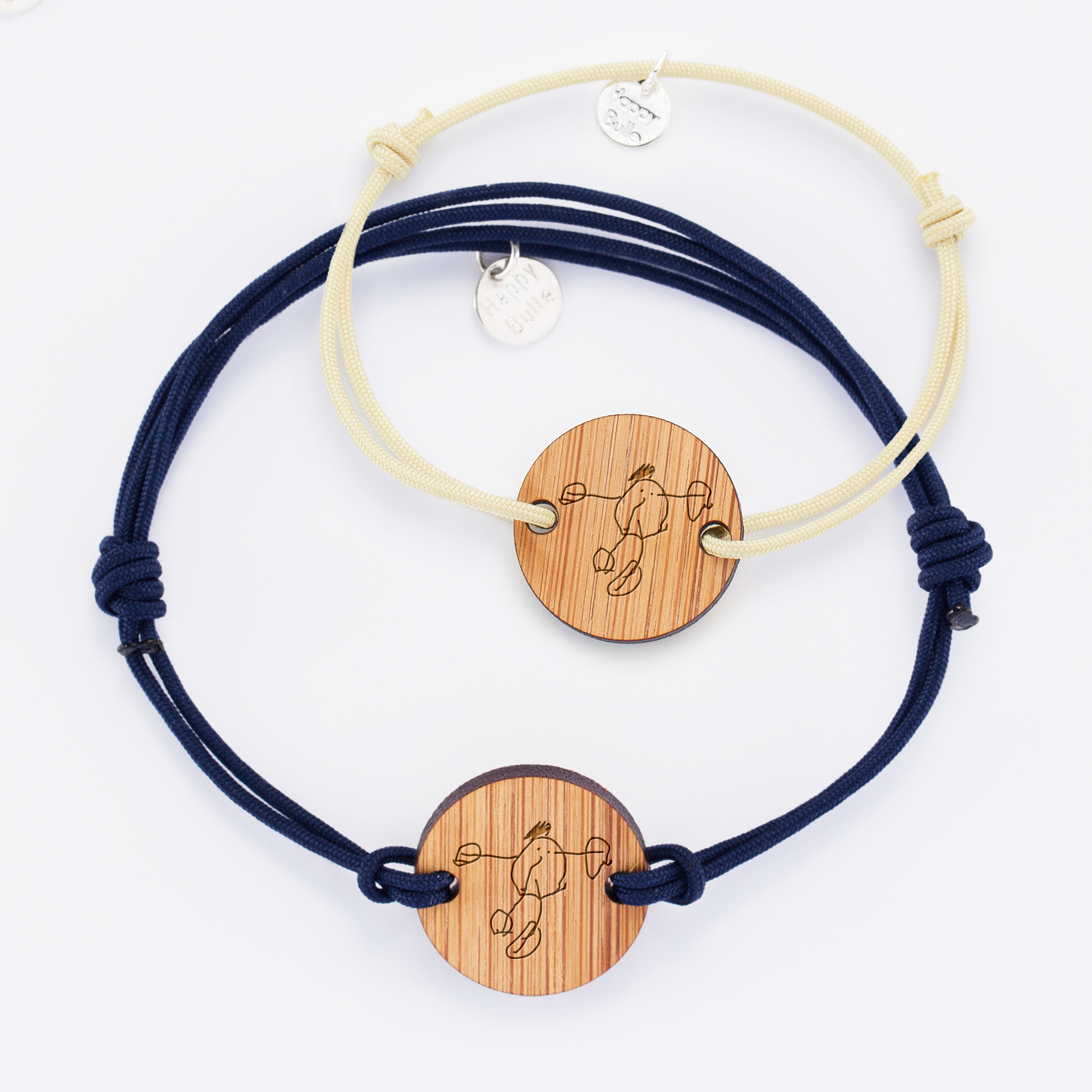 Pair of personalised bracelets with engraved 2-hole round wooden medallions 21mm sketches