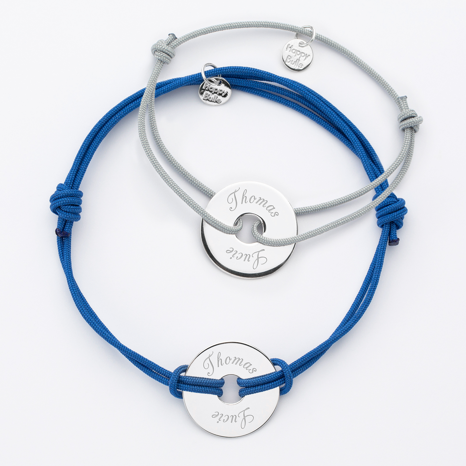 Pair of personalised bracelets with engraved target silver medallions 20mm names 