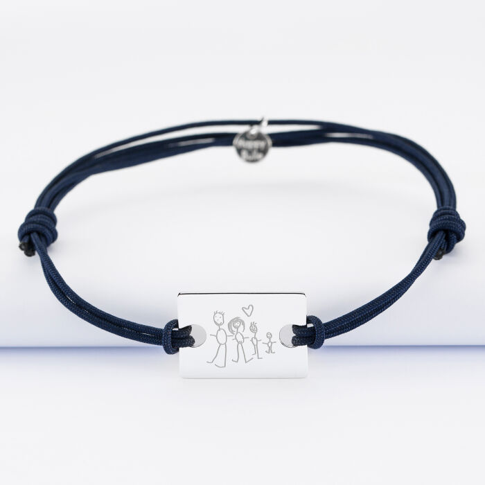 Men's double cord bracelet with personalised engraved rectangular silver medallion 23x16mm sketch