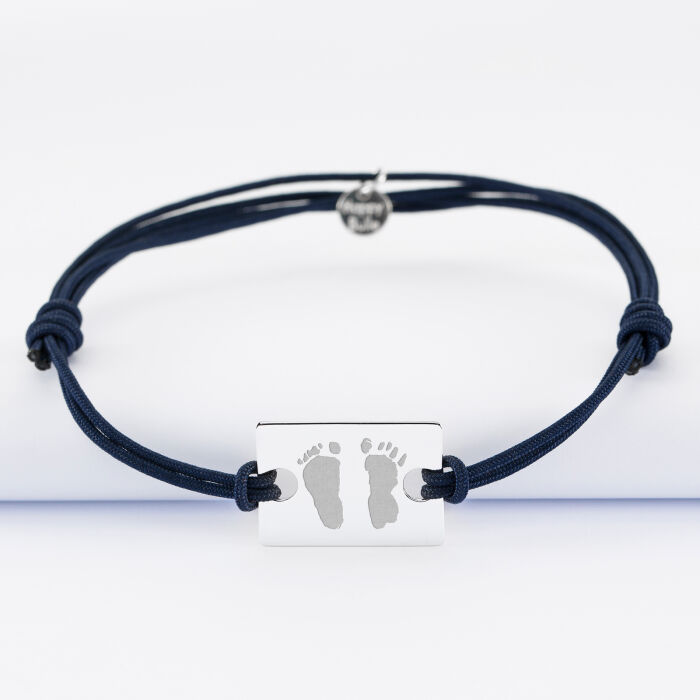 Men's double cord bracelet with personalised engraved rectangular silver medallion 23x16mm imprints