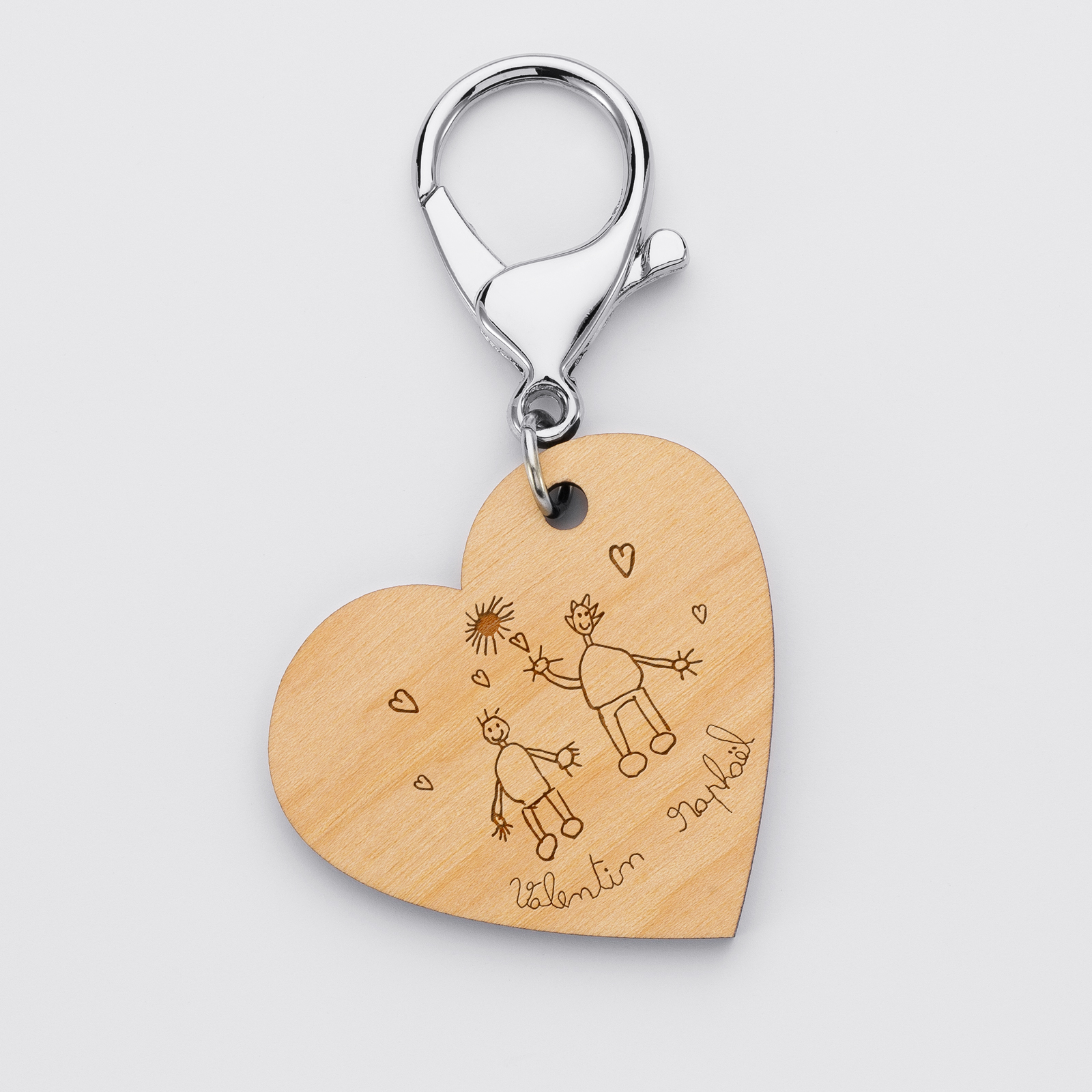 Personalised engraved heart 50x45mm wooden medallion keyring sketch