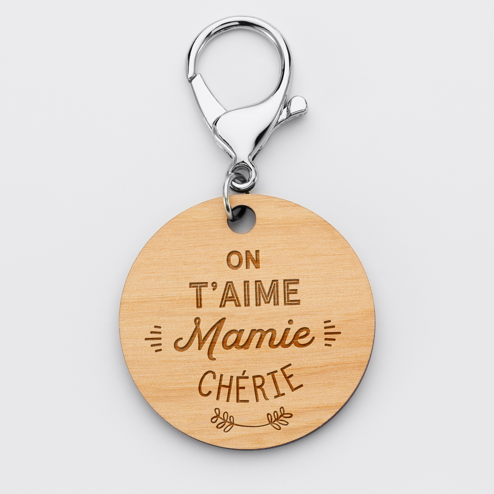 Porte-clés gravé bois médaille ronde 50 mm - Edition spéciale "On t'aime Mamie Chérie" - recto