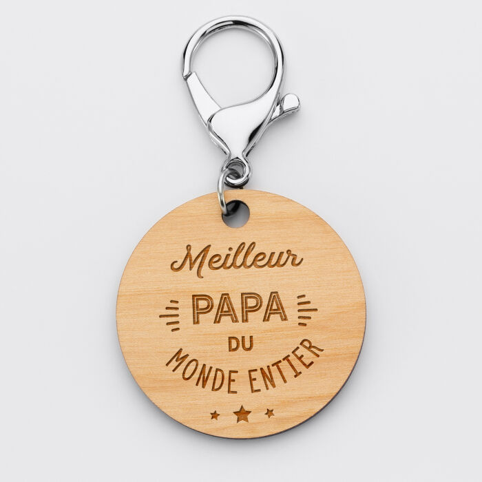 Porte-clés gravé bois médaille ronde 50 mm - Edition spéciale "Meilleur Papa du Monde"