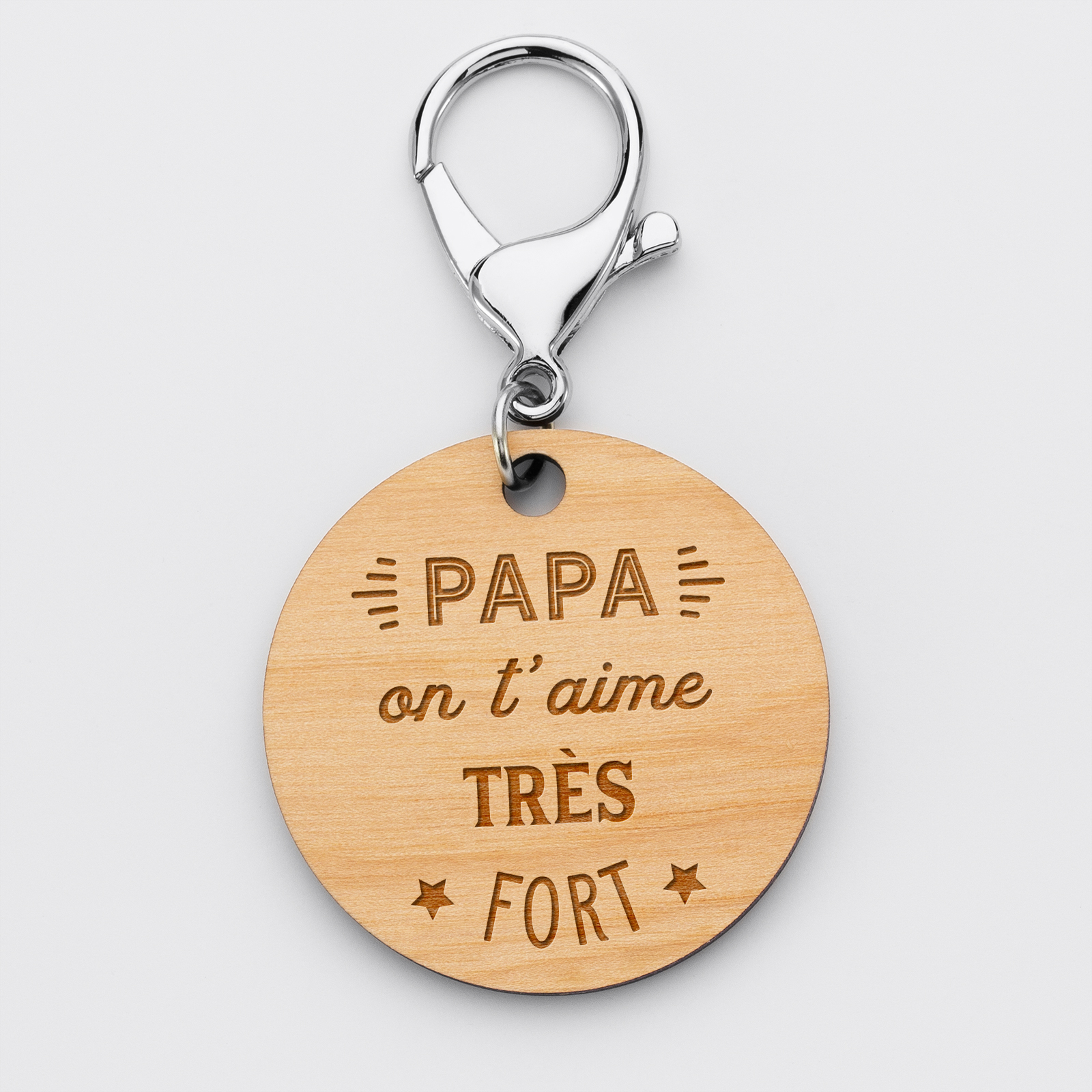Porte-clés gravé bois médaille ronde 50 mm - Edition spéciale "Papa on t'aime très fort"