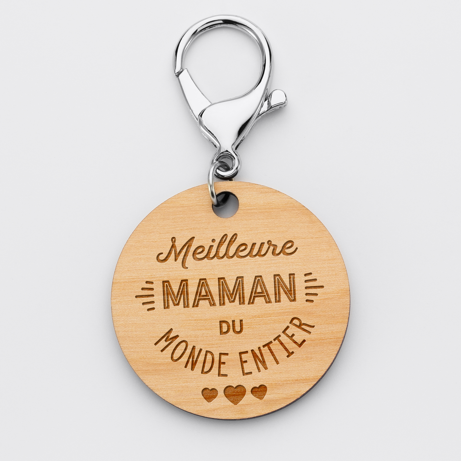 Porte-clés gravé bois médaille ronde 50 mm - Edition spéciale "Meilleure Maman du Monde"
