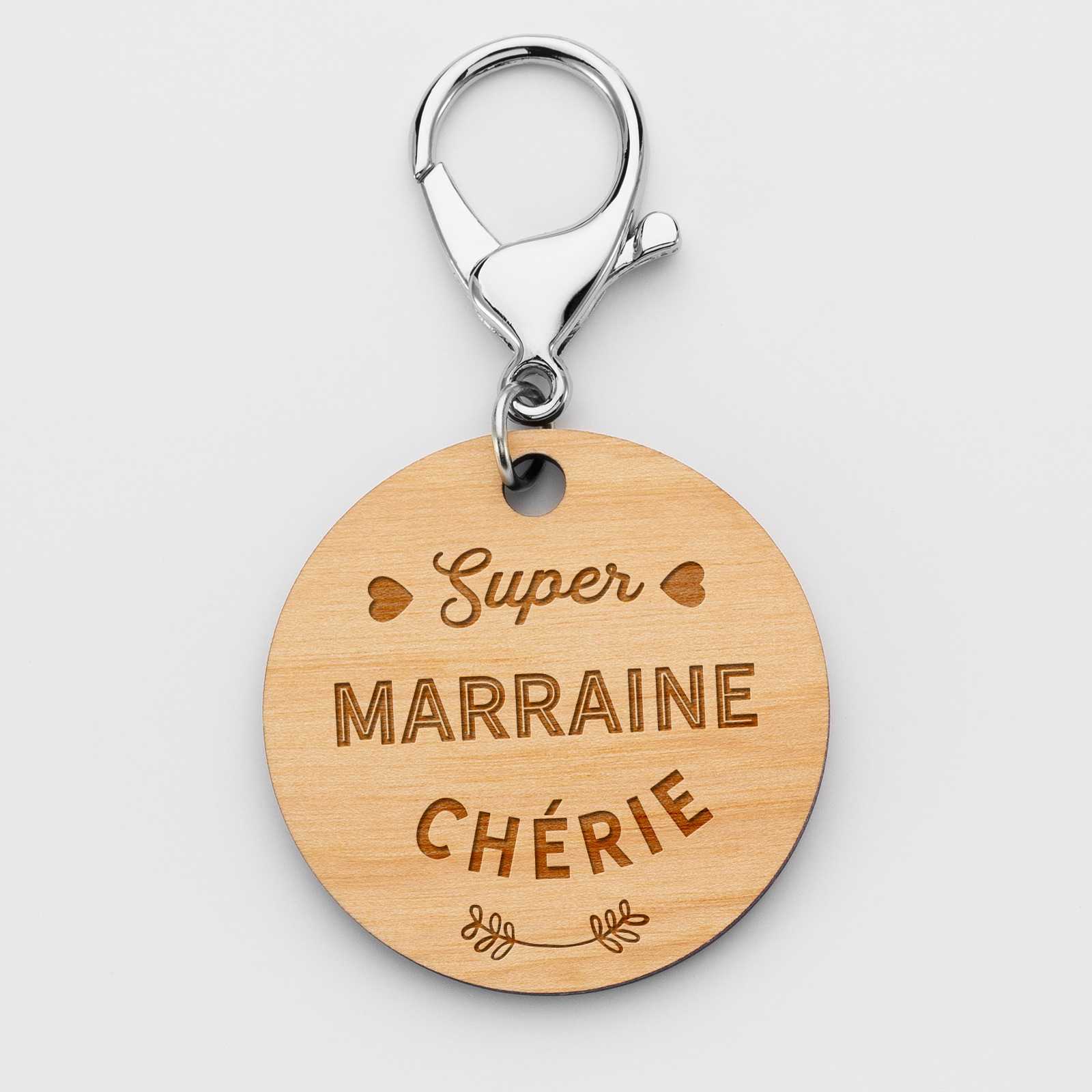 Porte-clés gravé bois médaille ronde 50 mm - Edition spéciale "Super Marraine"