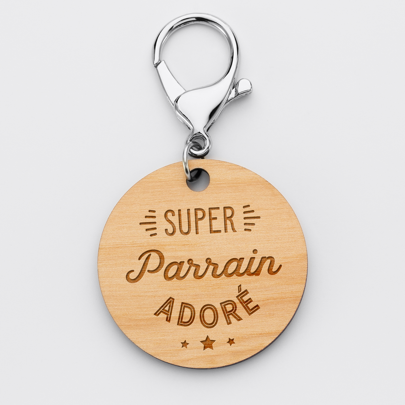 Porte-clés gravé bois médaille ronde 50 mm - Edition spéciale "Super Parrain"