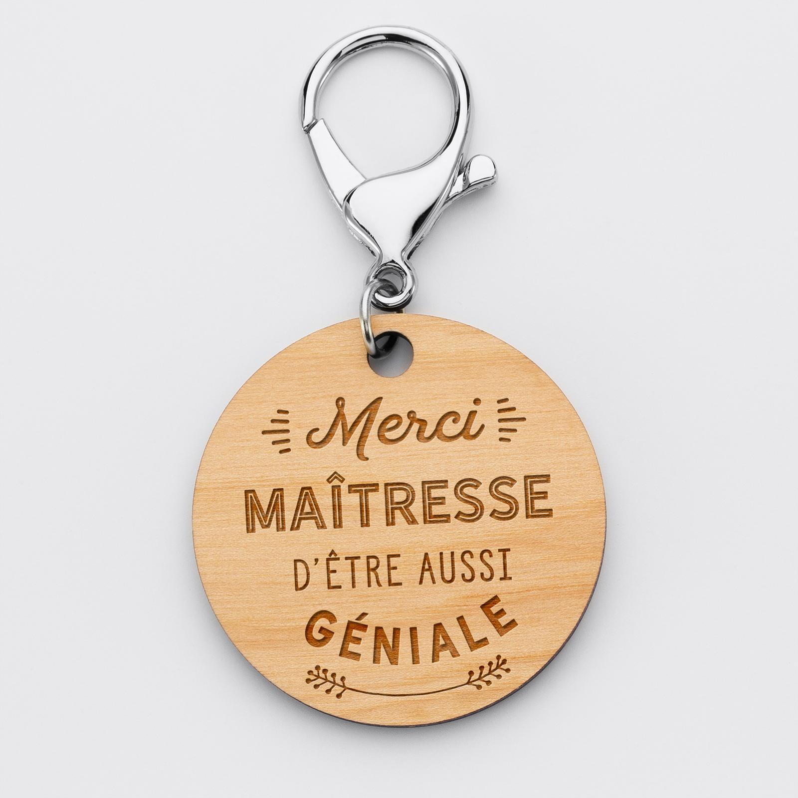 Porte-clés gravé bois médaille ronde 50 mm - Edition spéciale "Merci Maîtresse"
