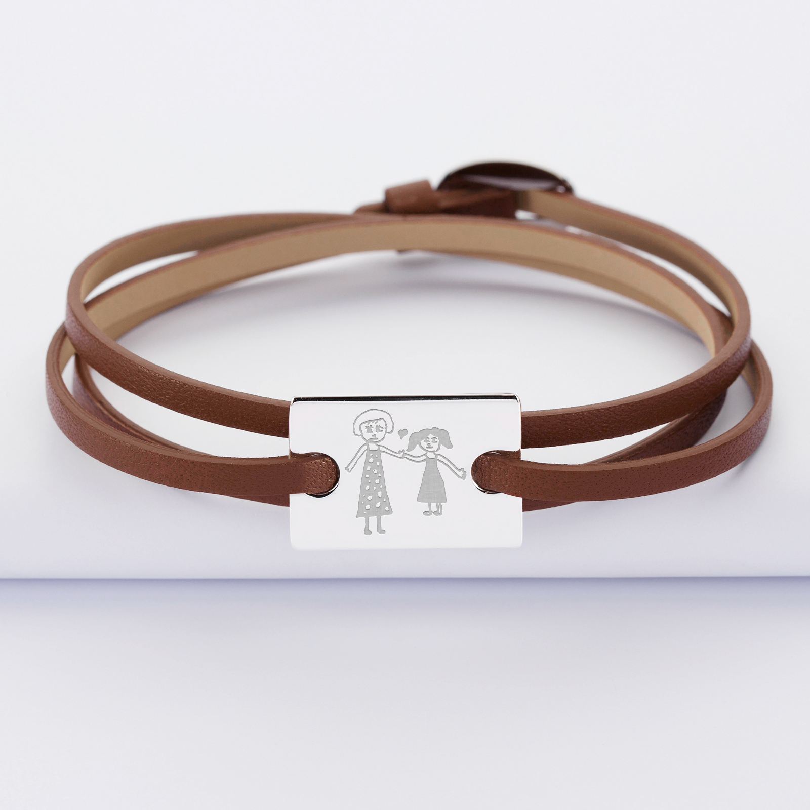 3 turn leather bracelet with personalised engraved rectangular 2-hole silver medallion 23x16mm sketch