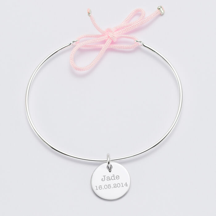 Personalised silver and cord bangle bracelet and 15mm engraved medallion - name