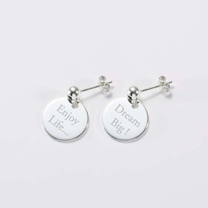Personalised engraved silver earrings15mm - text