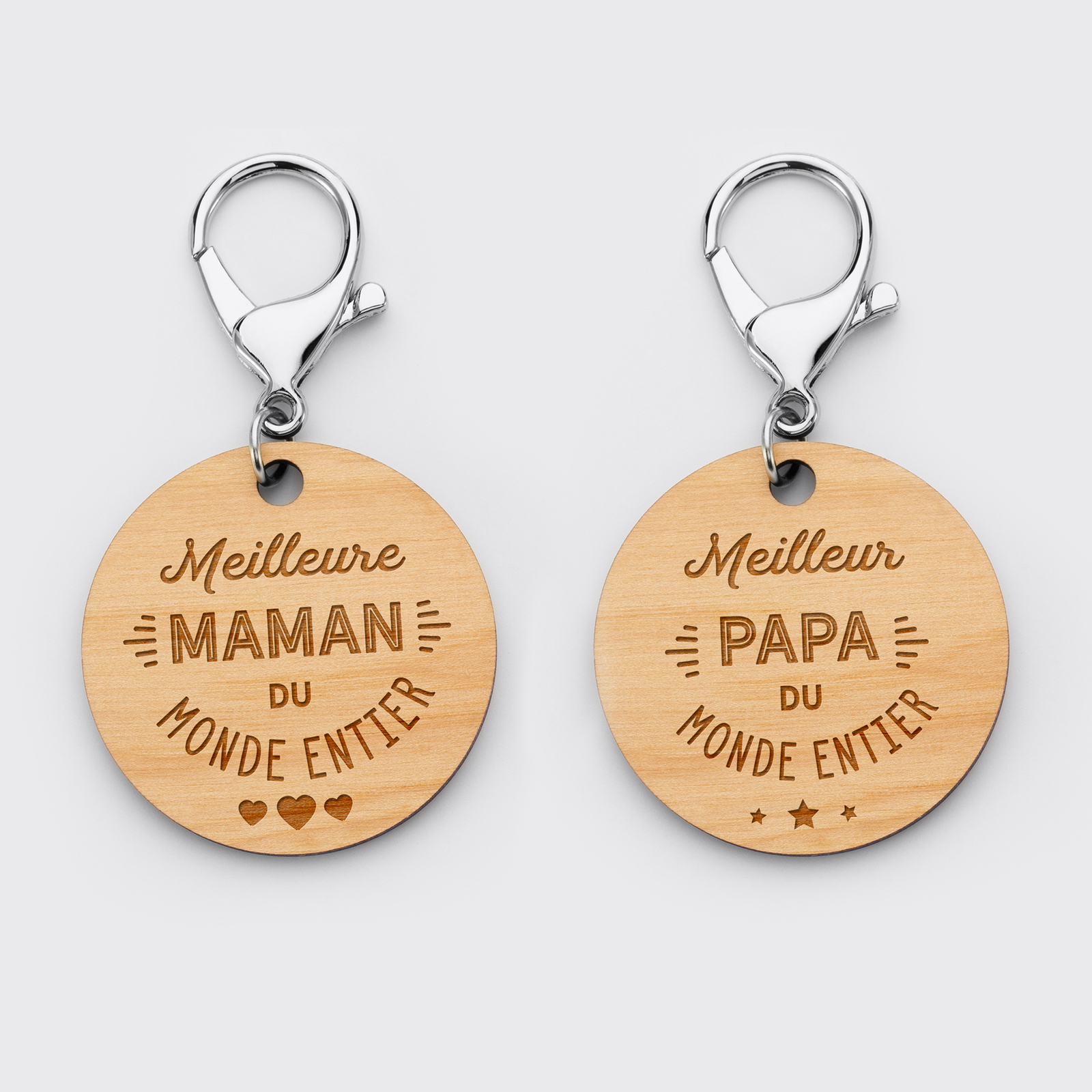 Set of 2 engraved round 50mm wooden medallion Mum and Dad keyrings