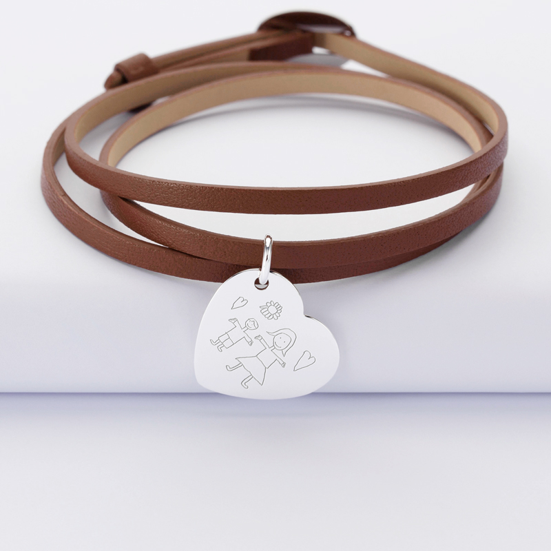 3 turn leather bracelet with personalised engraved heart silver sleeper medallion 19x21mm - sketch