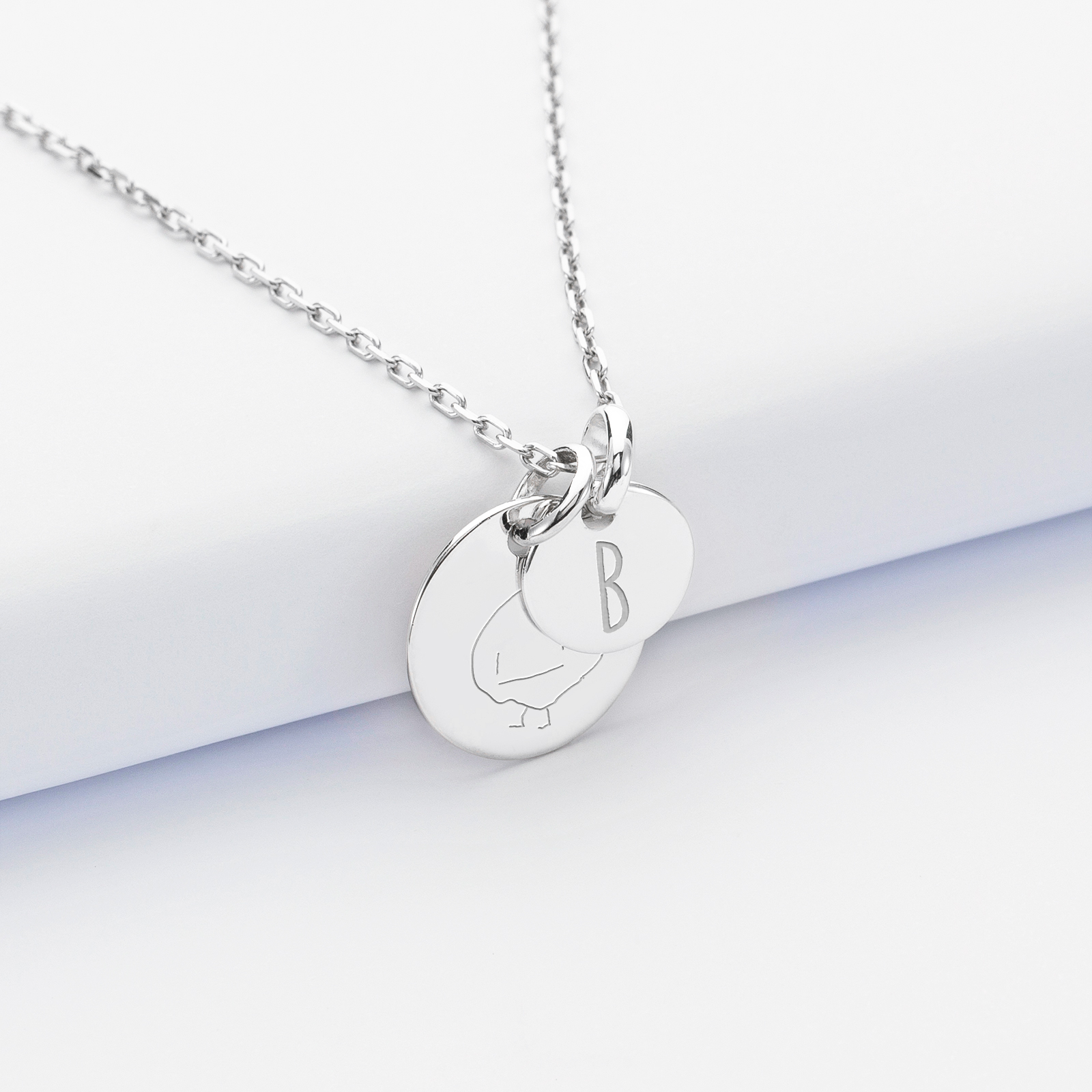 Personalised engraved silver medallion pendant 15 mm and round charm 10mm sketch