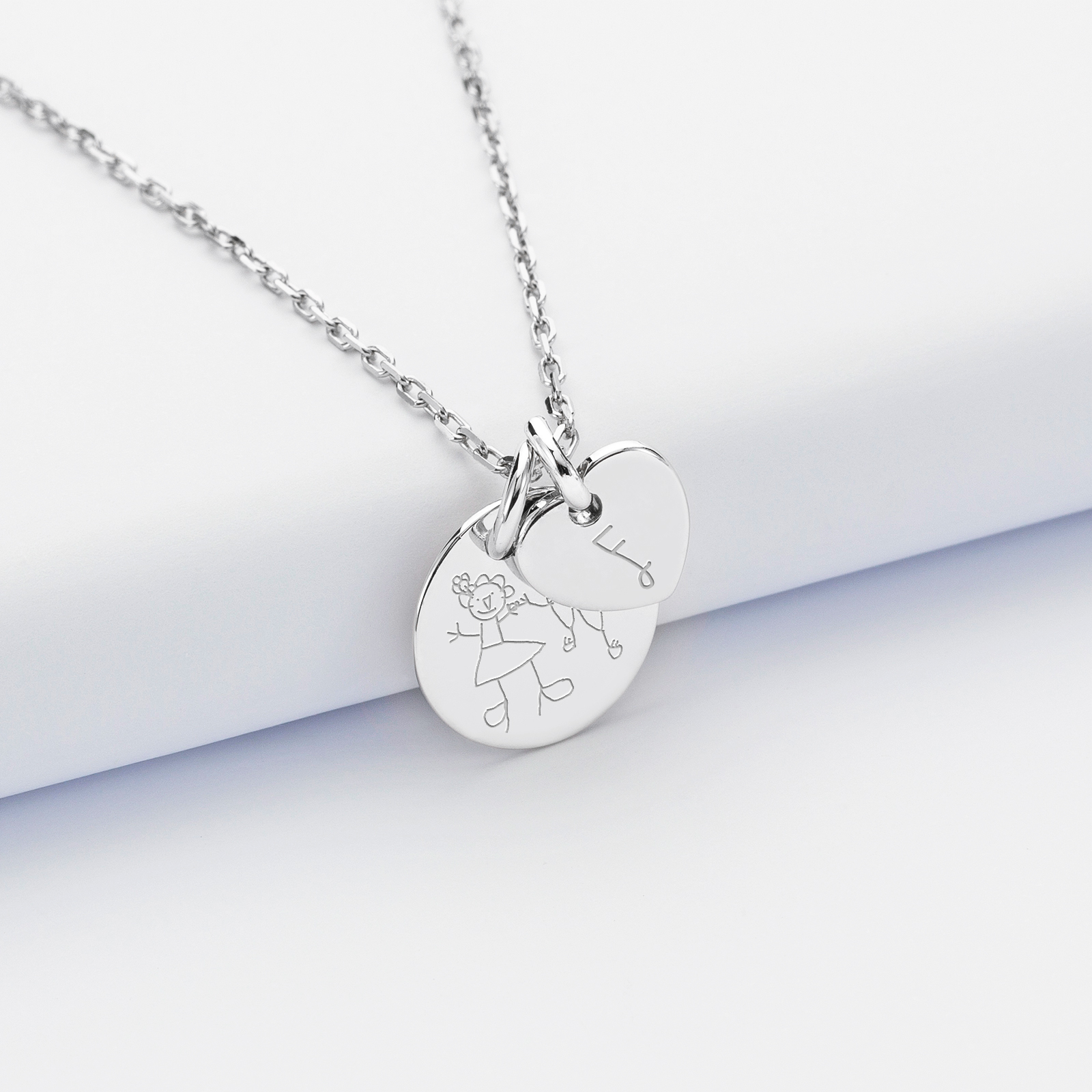 Personalised engraved silver medallion pendant 15 mm and heart charm 10mm - sketch