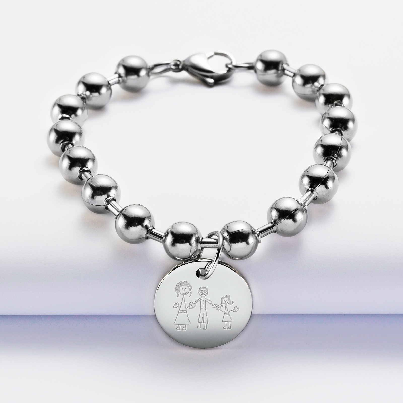Bracelet perles personnalisé médaille gravée acier 20 mm - dessin