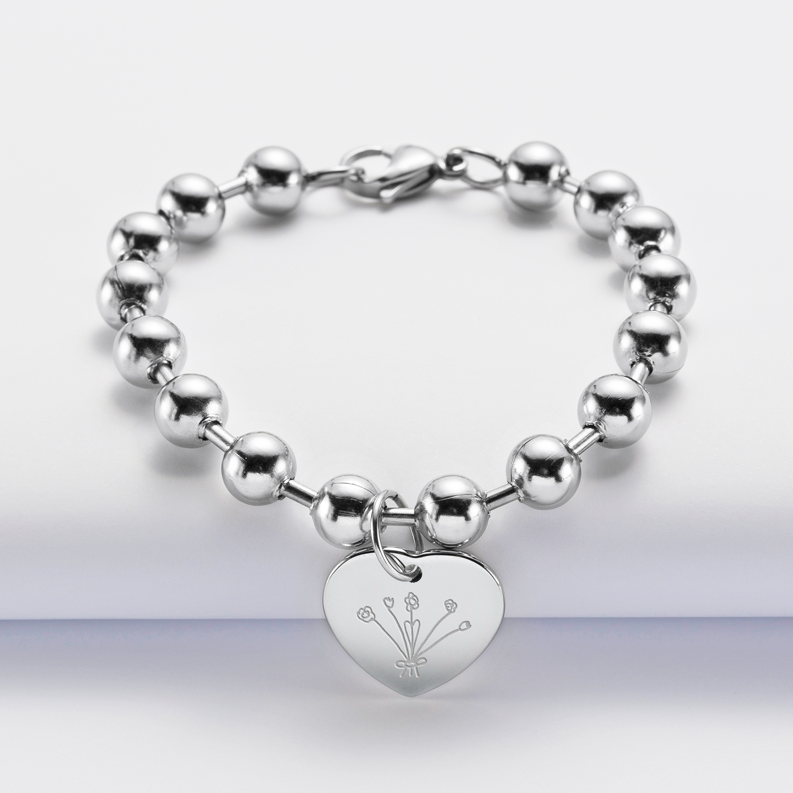 Personalised steel bead bracelet with engraved heart medallion 20x18mm - sketch