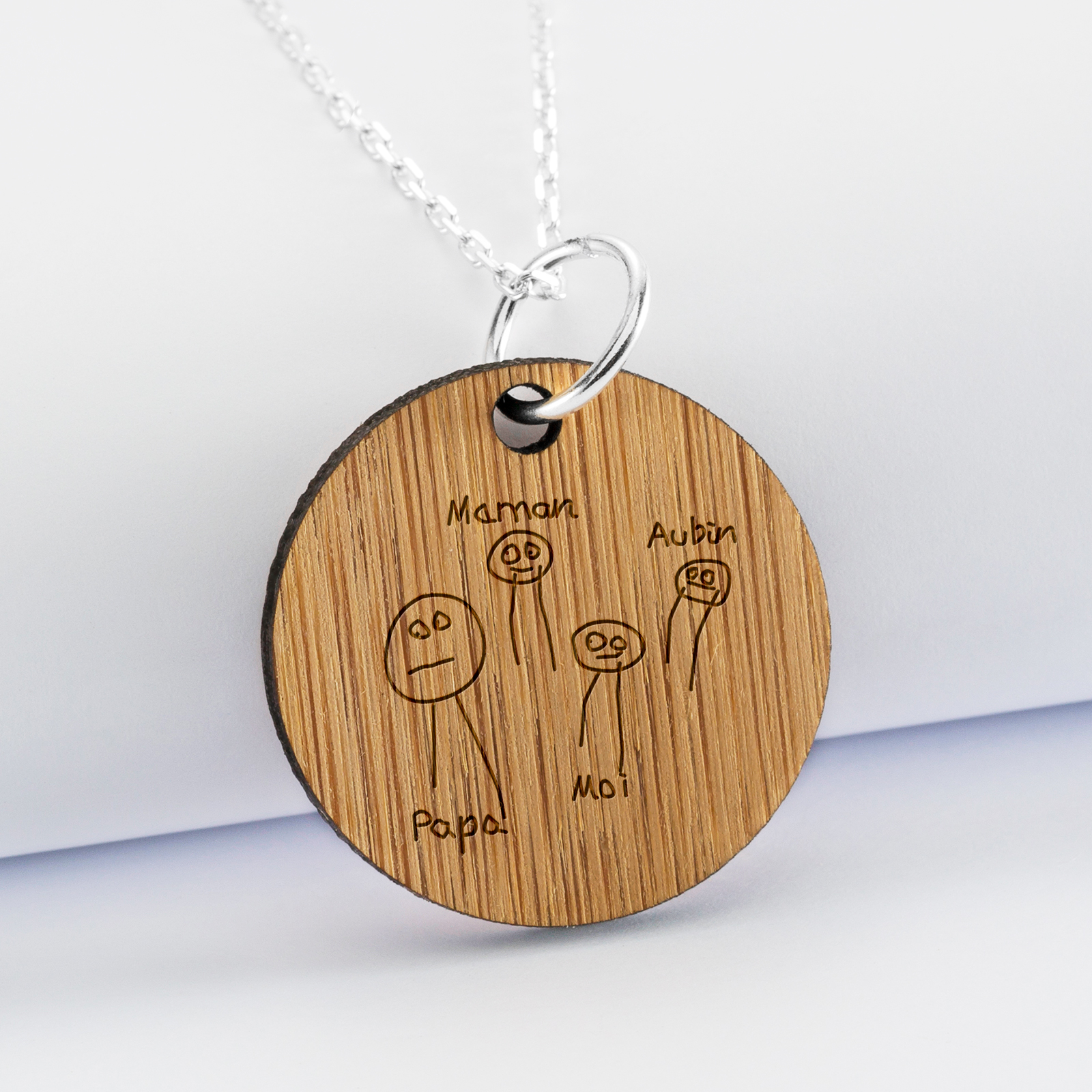 Personalised engraved wooden round medallion pendant 28 mm - sketch