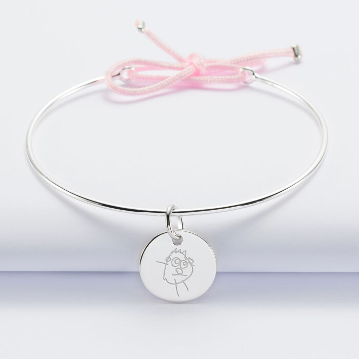 Personalised silver and cord bangle bracelet and 15mm engraved medallion - sketch